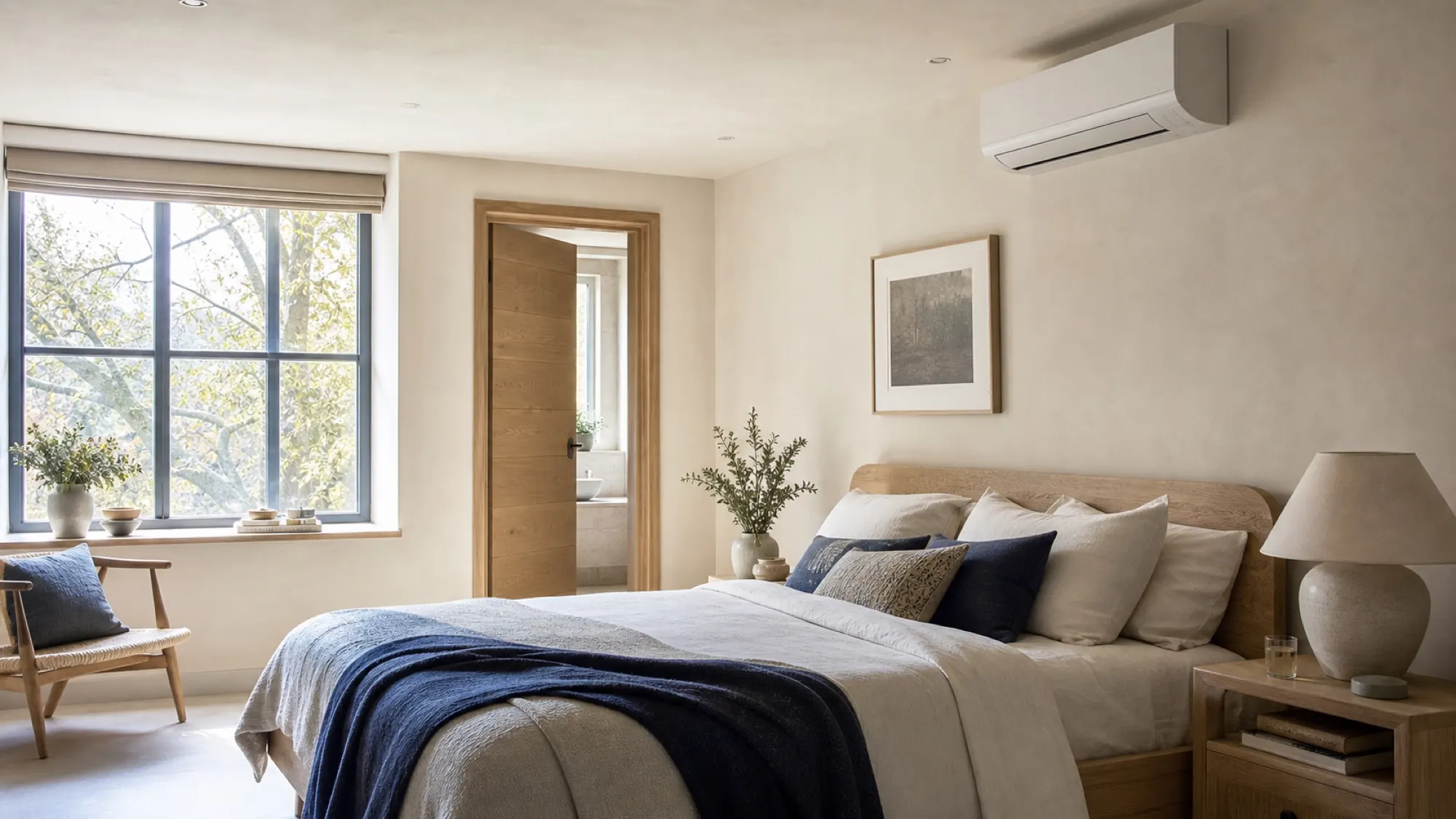 A quiet wall-mounted air-conditioning system in a calm contemporary bedroom