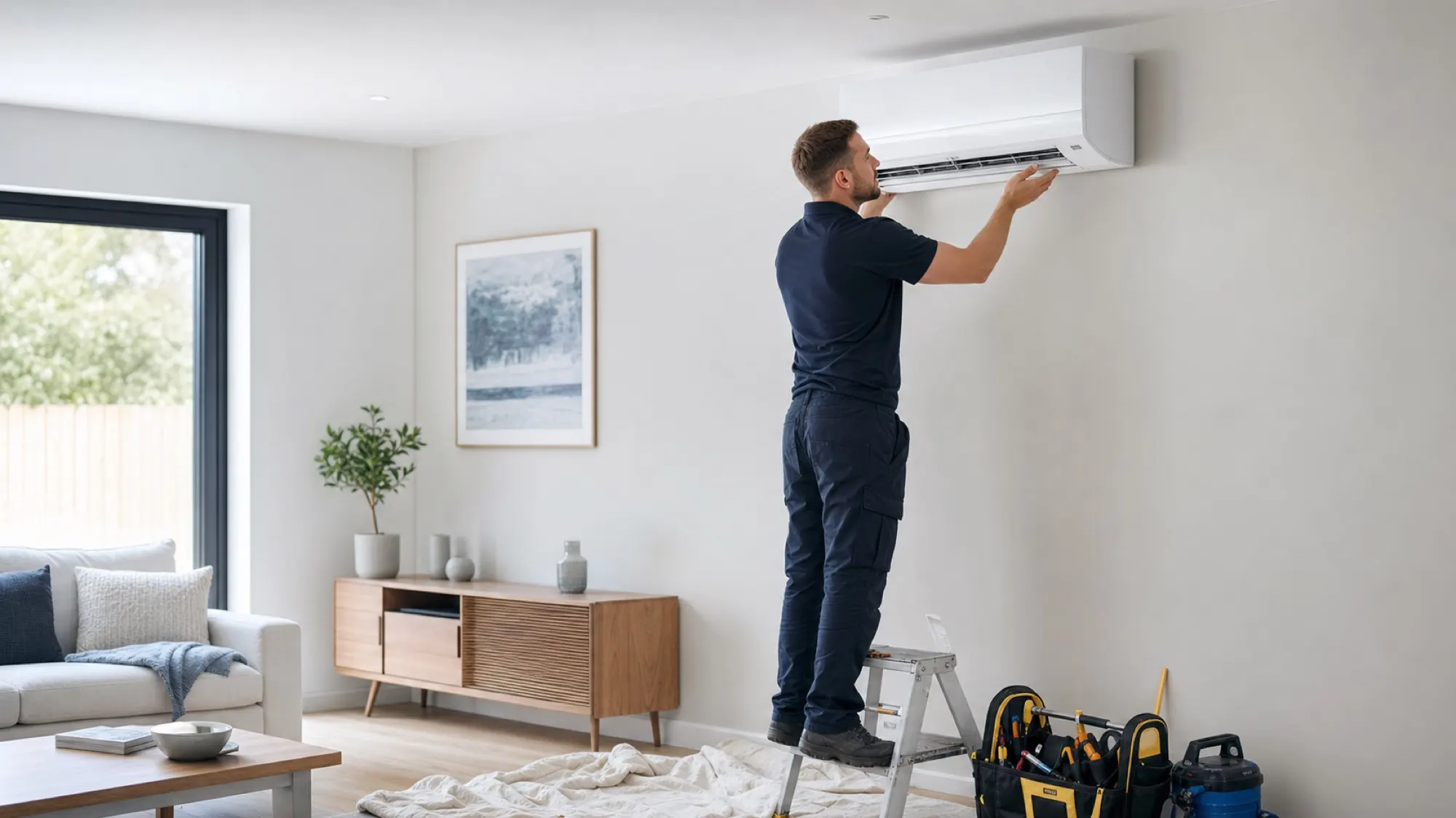 An air-conditioning engineer carefully commissioning a wall-mounted system